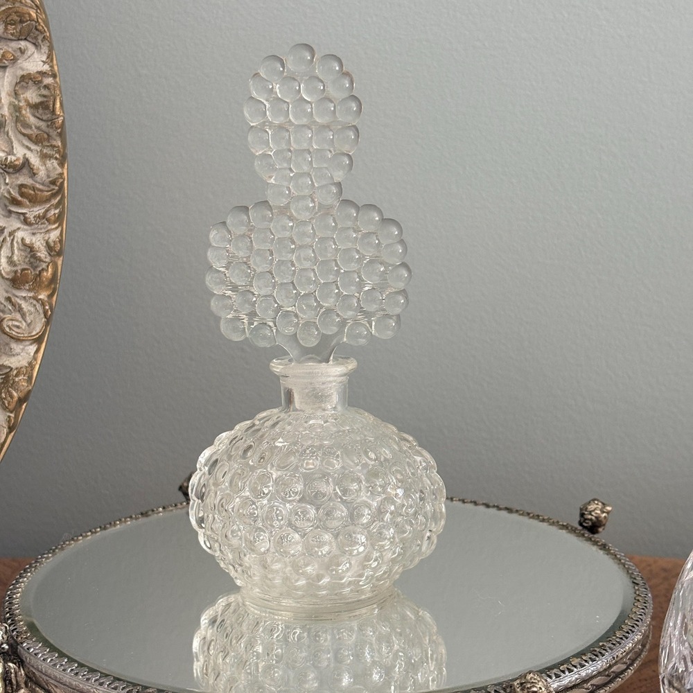 Vintage Clear Hobnail Glass Perfume Bottle with Bubble Stopper Vanity Decor